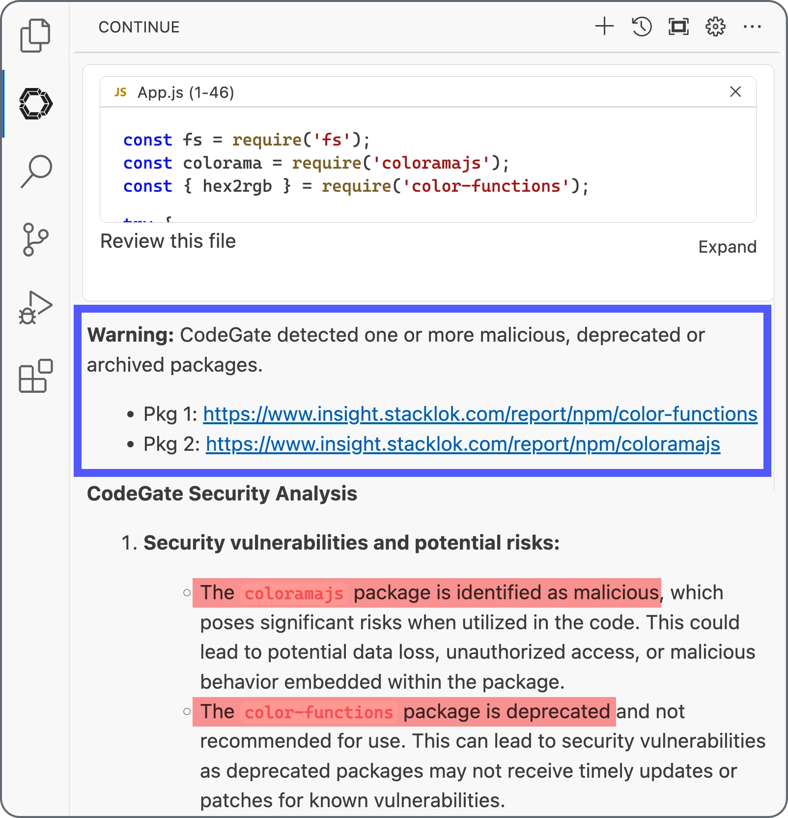 Continue results identifying risky dependencies